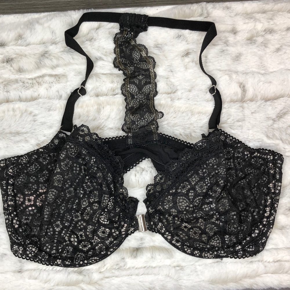Victoria’s Secret Black Lace Unlined Front Closure Bra 34D